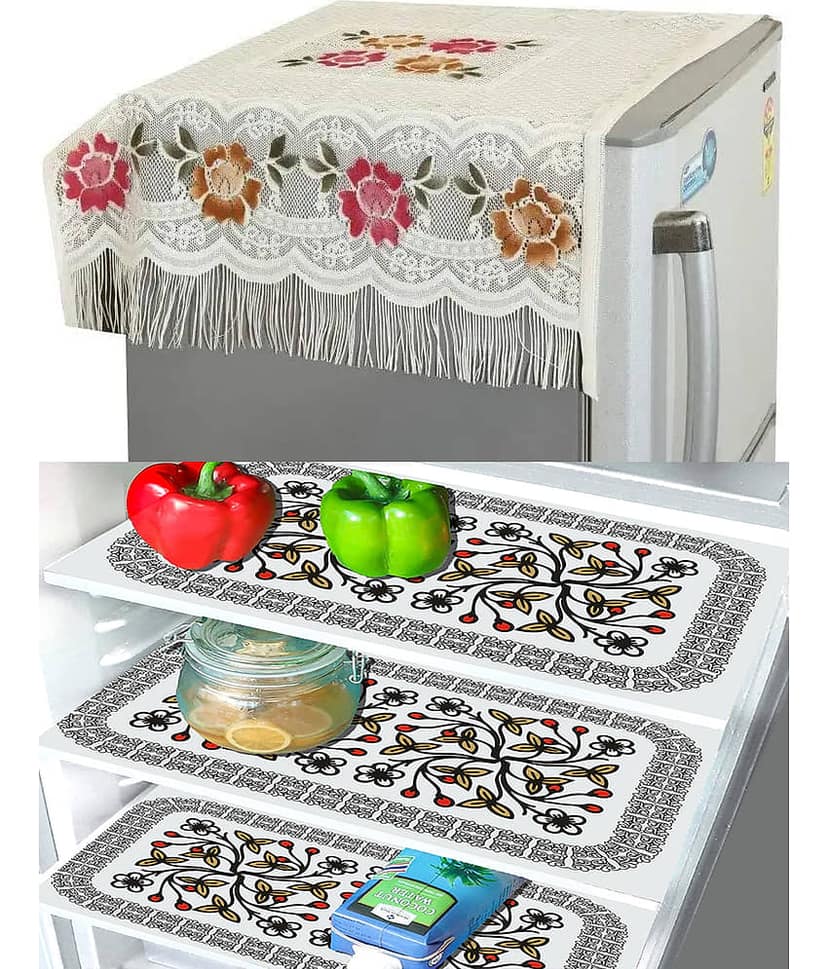 Crosmo Polyester Floral Printed Fridge Mat & Cover ( 99 53 ) Pack of 4 - Multicolor