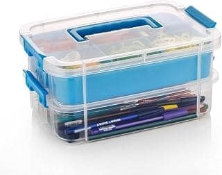KESI ORNAMENTS Multipurpose Blue 2 Layer Organizer Storage Box, Stackable Transparent Plastic Containers for Craft Supplies, Office Accessories, Medicine Storage Bins, Beauty Products & DIY Tools Box