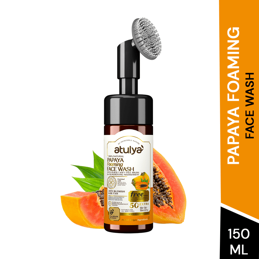 Atulya Papaya Foaming Face Wash with Built-In Silicone Brush | De-tan - 150ml view 2