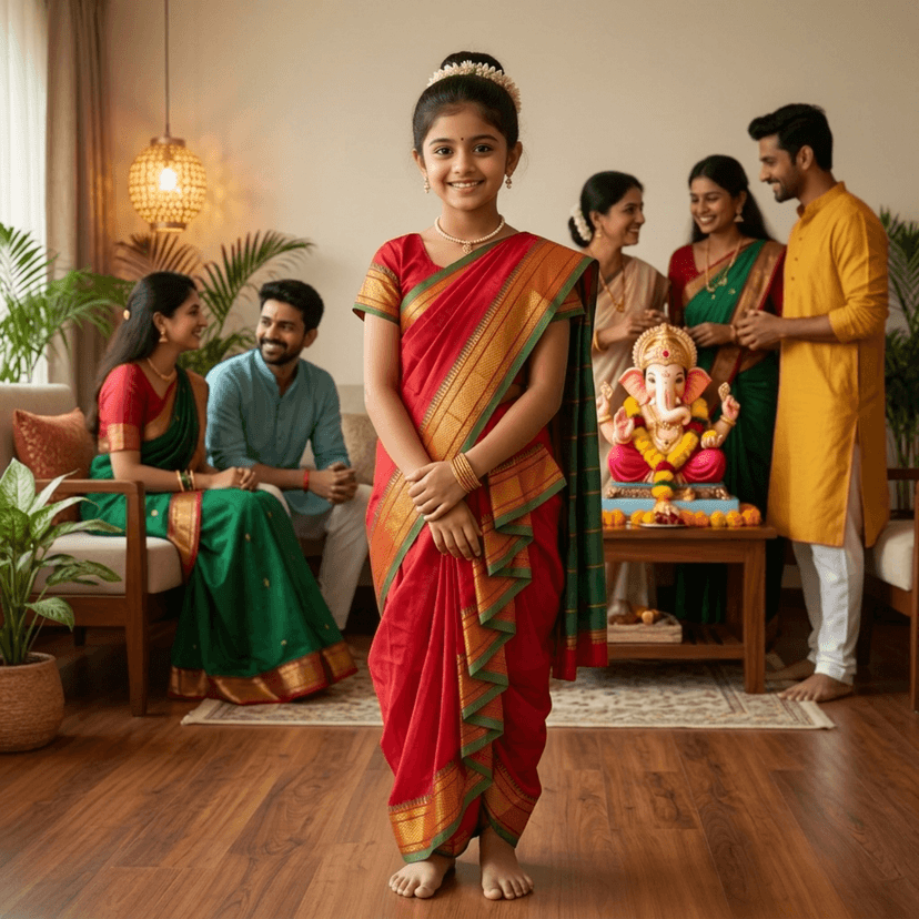 Mom and Me Nauvari Saree for Girls/Baby Girl, Ready to Wear, Marathi Maharashtrian Traditional Saree, Festival Outfit for Puja, Ganpati Festival, School Programs stitch Blouse (Red, 14-15 Years) view 3