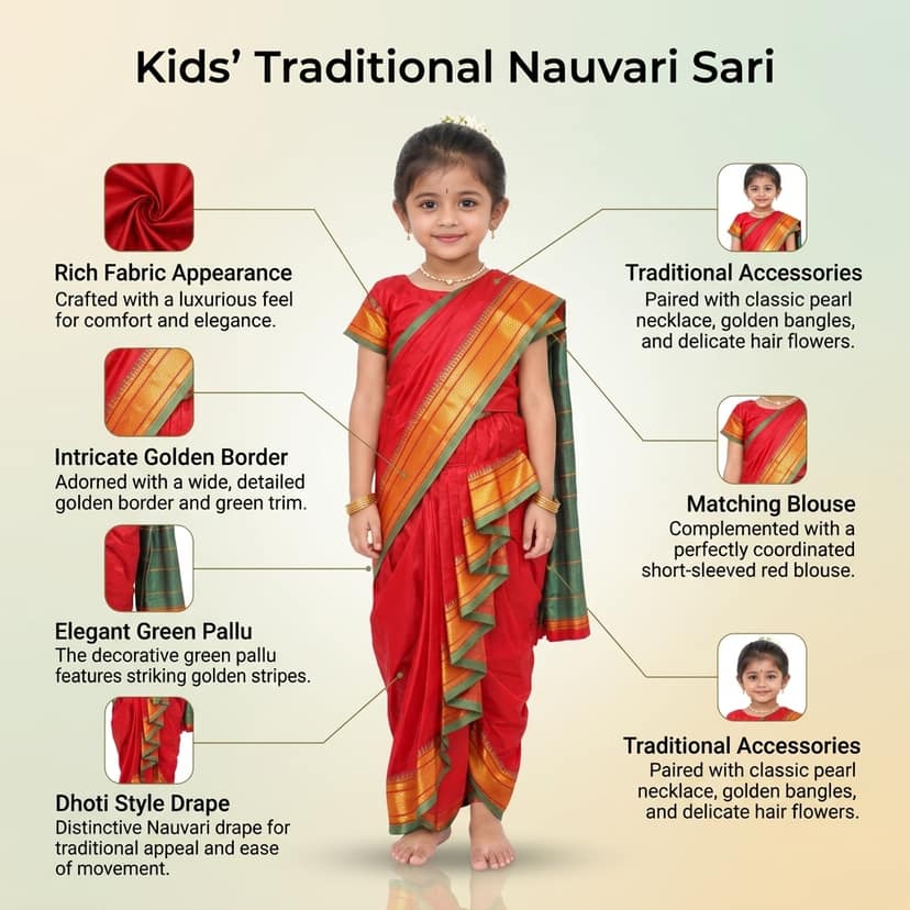 Mom and Me Nauvari Saree for Girls/Baby Girl, Ready to Wear, Marathi Maharashtrian Traditional Saree, Festival Outfit for Puja, Ganpati Festival, School Programs stitch Blouse (Red, 14-15 Years) view 4