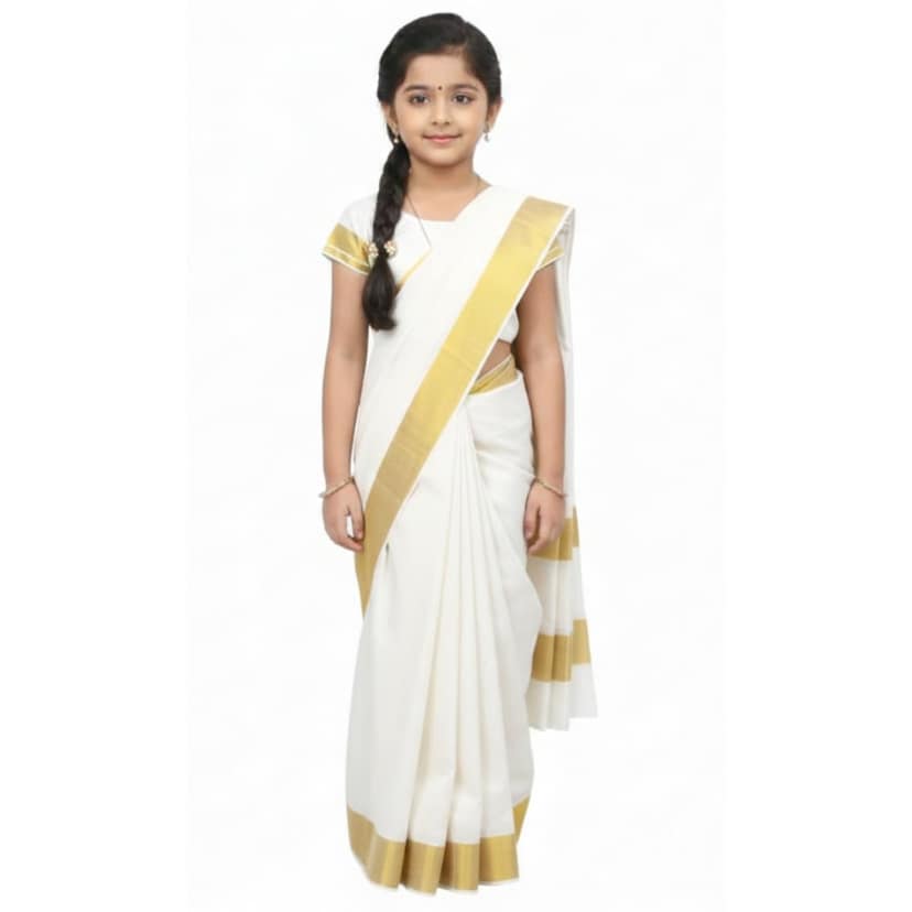 Mom and Me Girls Ethnic Pre-Stitched Belgaon Silk Saree with Golden Zari Border