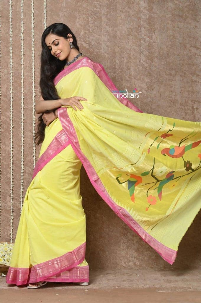 Tyohaar ~ Handloom Pure Cotton Paithani Saree with Traditional Parrot Pallu ~ Fresh Yellow view 2