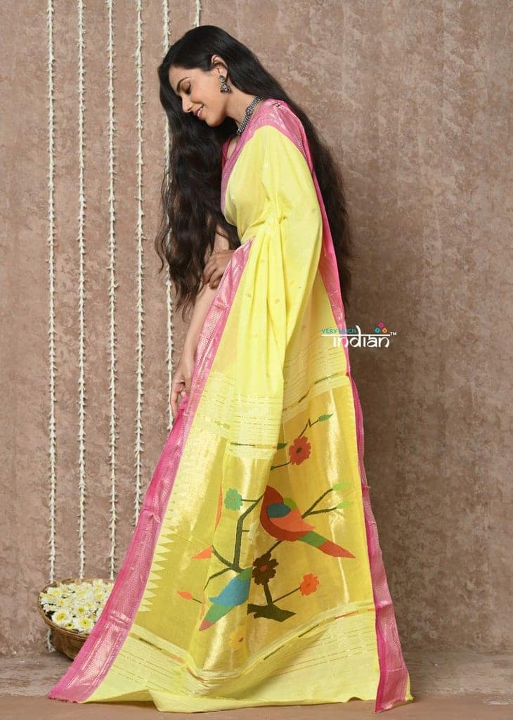 Tyohaar ~ Handloom Pure Cotton Paithani Saree with Traditional Parrot Pallu ~ Fresh Yellow view 3