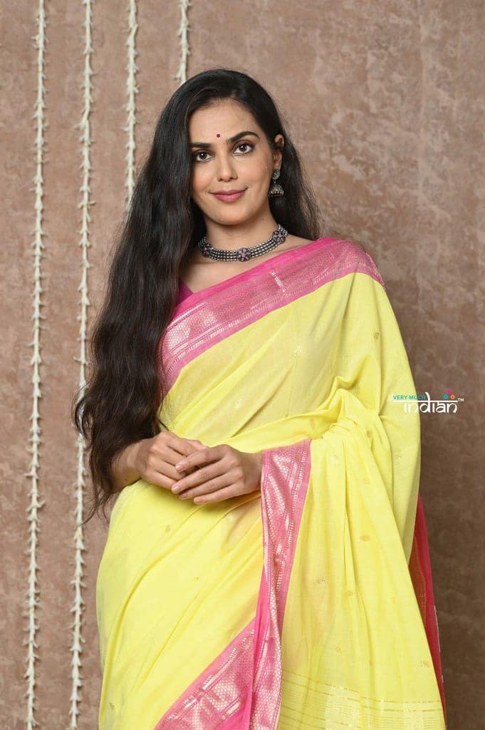 Tyohaar ~ Handloom Pure Cotton Paithani Saree with Traditional Parrot Pallu ~ Fresh Yellow view 4