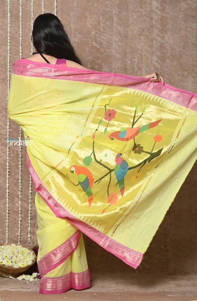 Tyohaar ~ Handloom Pure Cotton Paithani Saree with Traditional Parrot Pallu ~ Fresh Yellow view 5