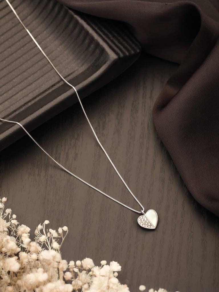 925 Sterling Silver Rhodium Plated Heart Enamelled & Zircon Studded Pendant Necklace & Chain
