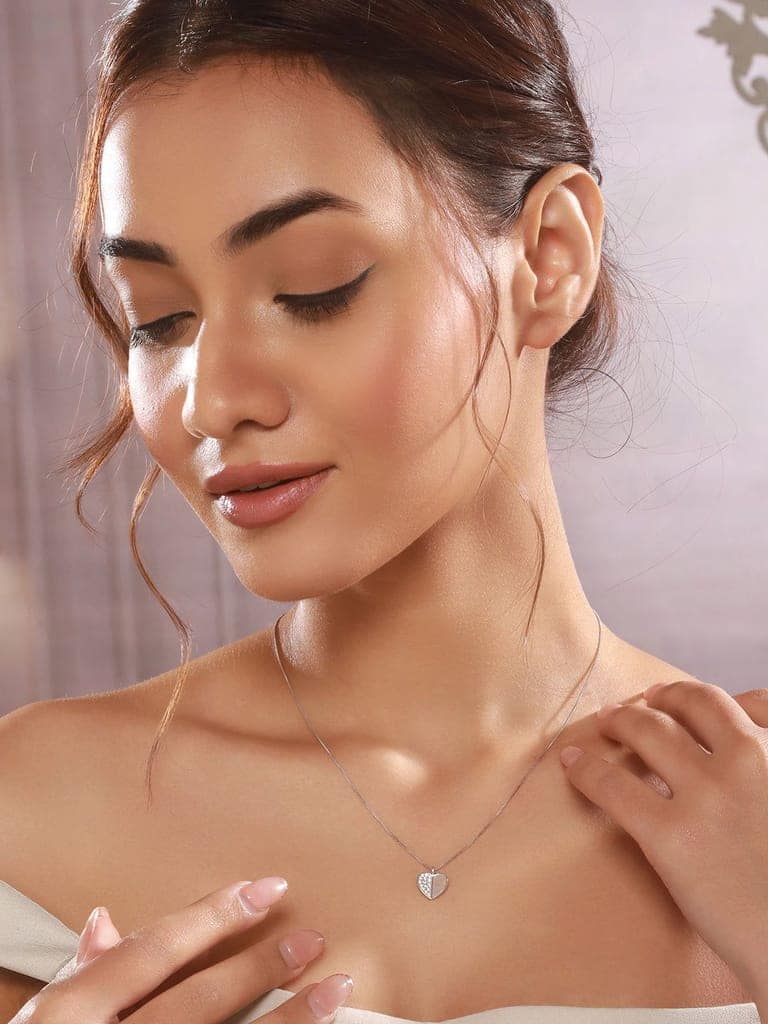 925 Sterling Silver Rhodium Plated Heart Enamelled & Zircon Studded Pendant Necklace & Chain view 2