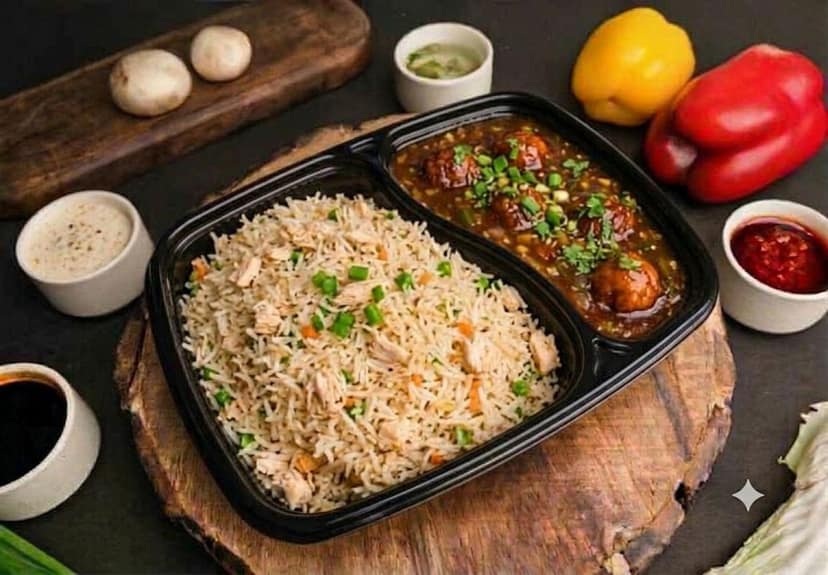 Chicken fried rice with chicken manchurian gravy