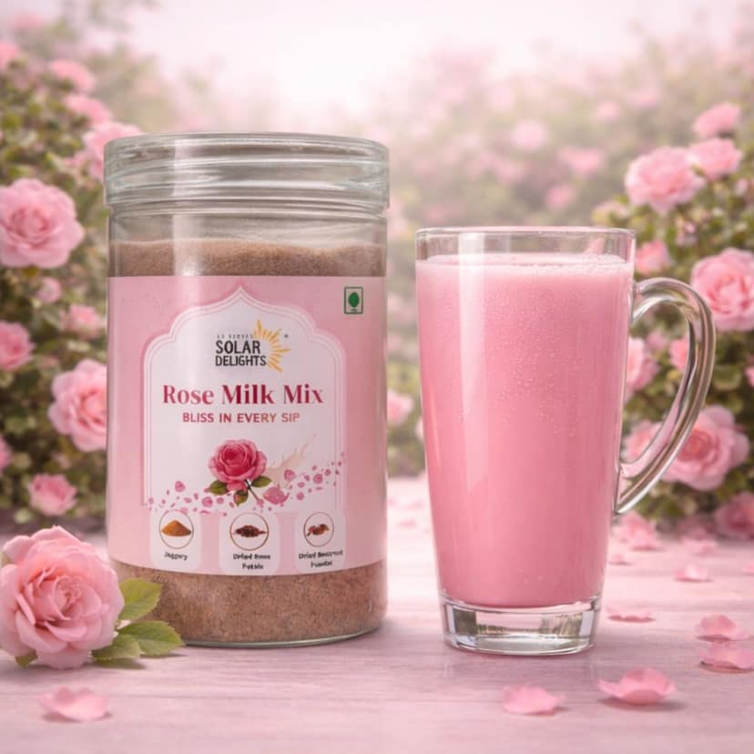 DR. RENGA'S SOLAR DELIGHTS Vegan Rose Milk Powder | 100% Dairy Free (No Milk Solids) | Instant Mix for Milkshakes & Lattes | Jaggery Sweetened | 200g