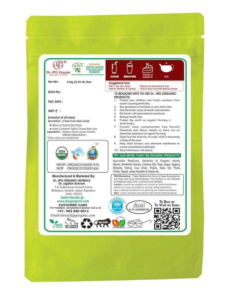 Dr. JPG Organic Herbals Stevia Leaves Powder | India Organic Certified | 114g Pack of 2 view 2