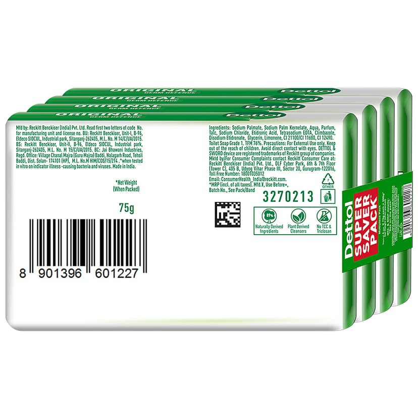 Dettol Bathing Soap Bar - Original, 99.99% Germ Protection, Dermatologically Tested, 75 G (Pack Of 4) view 2