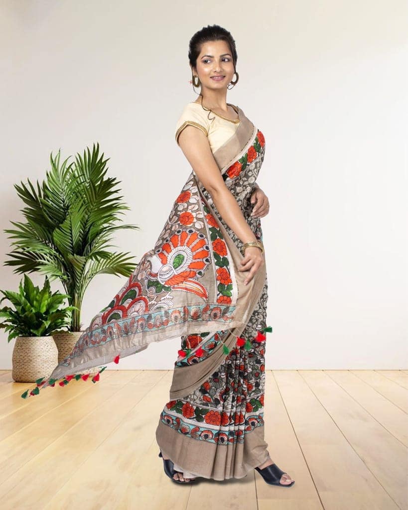 Moonga Tussar Silk Saree Dim Grey Color with Digital Print and running blouse-2875 view 2