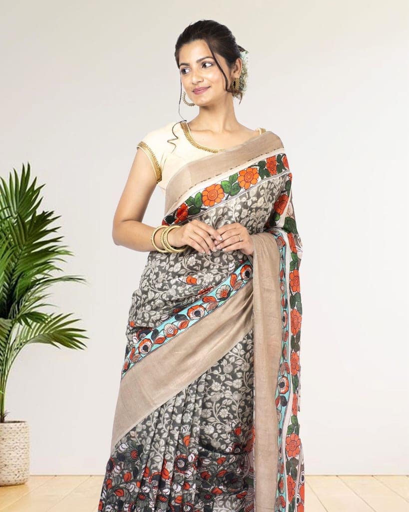 Moonga Tussar Silk Saree Dim Grey Color with Digital Print and running blouse-2875 view 4
