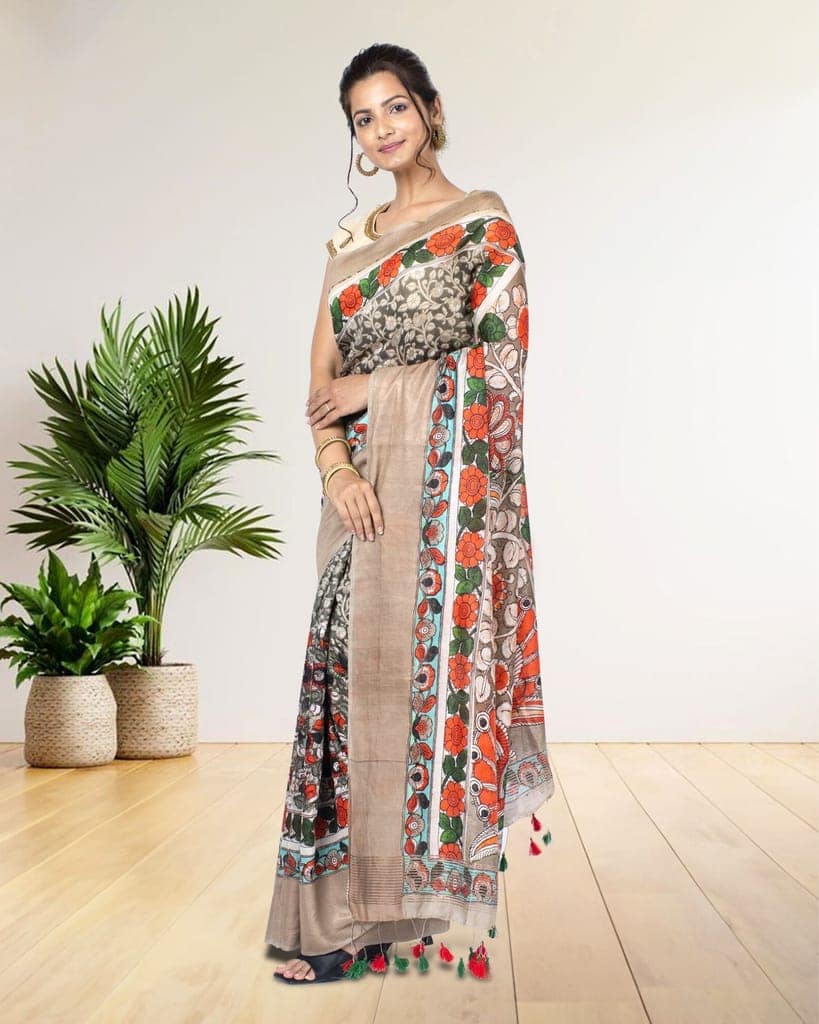 Moonga Tussar Silk Saree Dim Grey Color with Digital Print and running blouse-2875 view 5