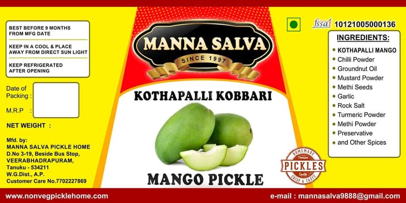 Manna Salva Pickles- Mango Pickle - Kothapalli Kobbari - Veg Pickle view 5