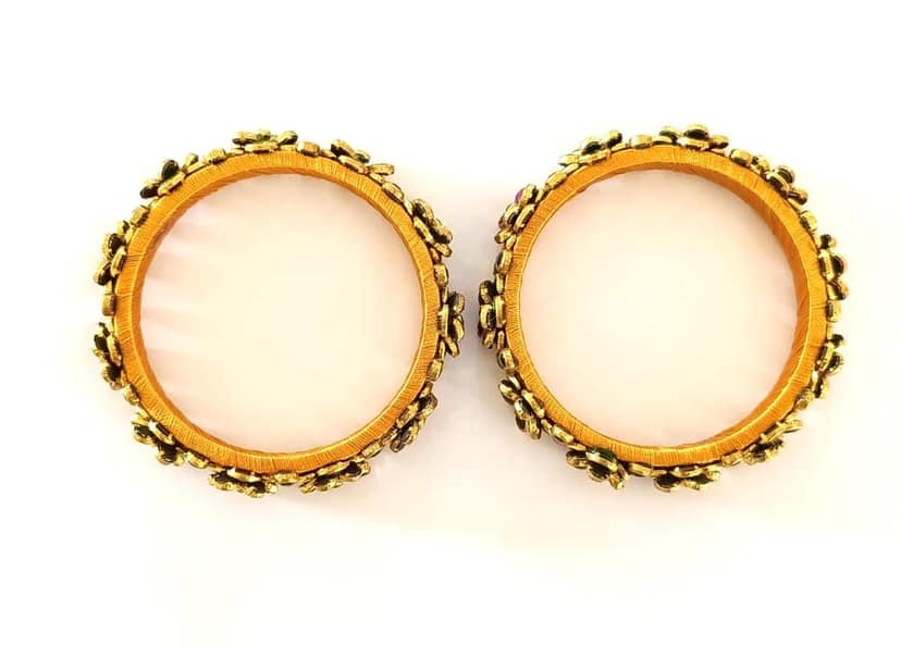 Traditional Gold Thread Work Bangles with Multi-Stone Floral Design - Ethnic Indian Kada Set view 3