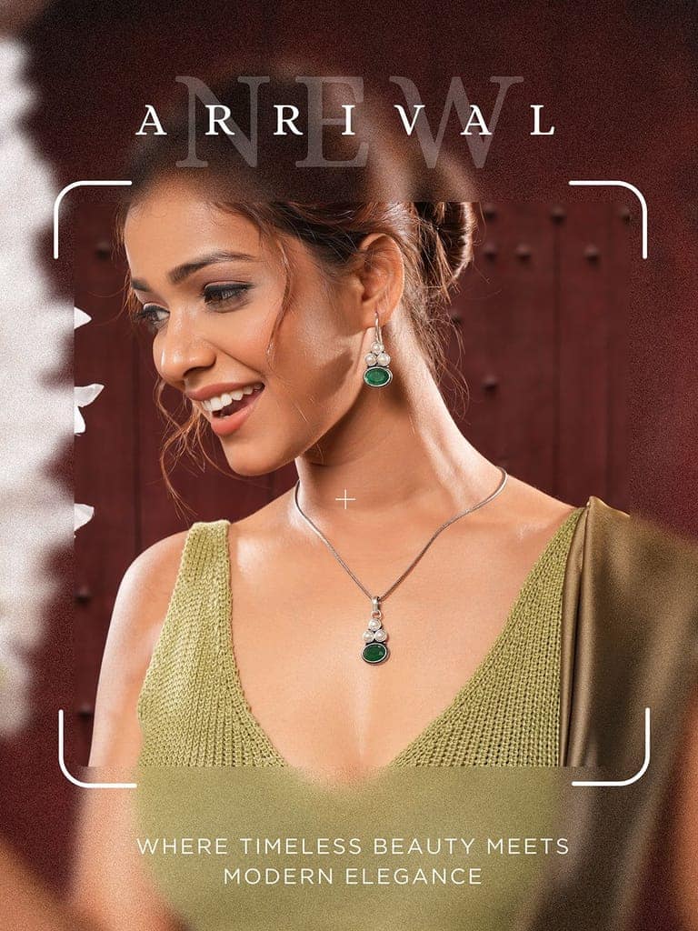 Oxidised Silver Toned Emerald Green & white Stone Studded Floral Minimal Pendant Chain Jewellery Set view 4