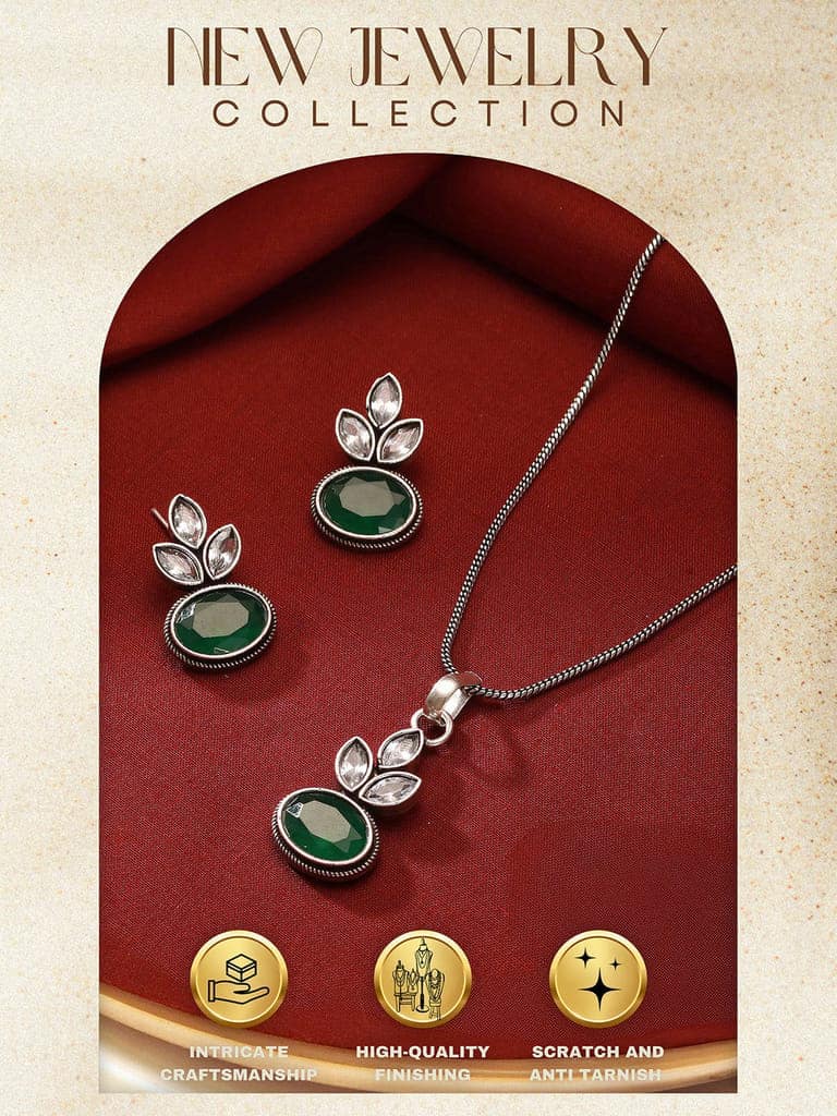 Oxidised Silver Toned Emerald Green & white Stone Studded Floral Minimal Pendant Chain Jewellery Set view 5