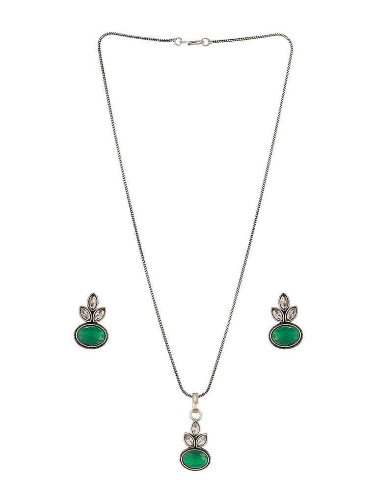 Oxidised Silver Toned Emerald Green & white Stone Studded Floral Minimal Pendant Chain Jewellery Set view 7