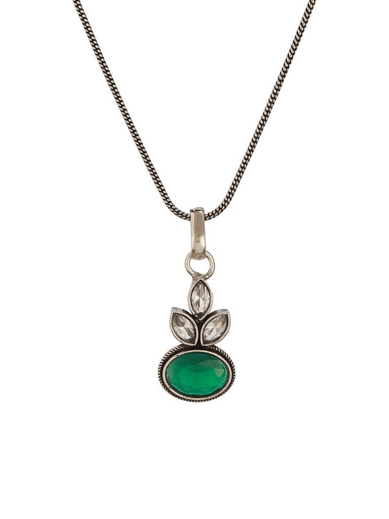 Oxidised Silver Toned Emerald Green & white Stone Studded Floral Minimal Pendant Chain Jewellery Set view 8