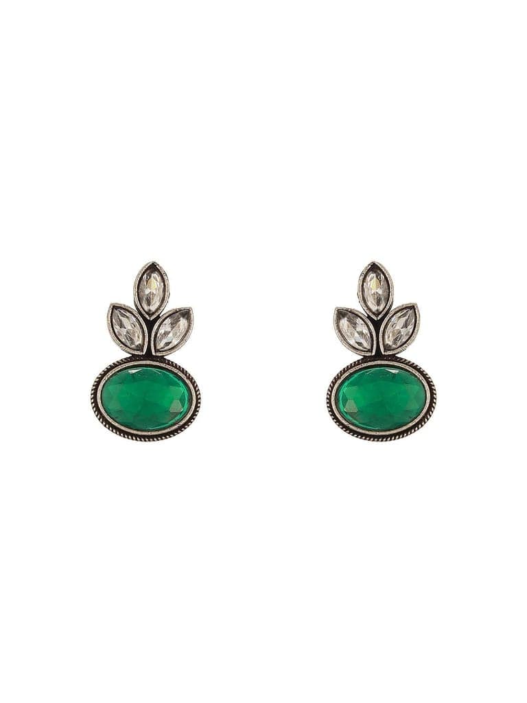 Oxidised Silver Toned Emerald Green & white Stone Studded Floral Minimal Pendant Chain Jewellery Set view 9