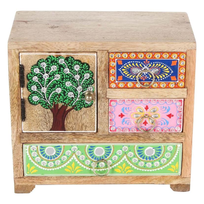 Wood To Cart® 4 Drawer Hand Painted Rajasthani Style Embossed Wooden Box/Almirah