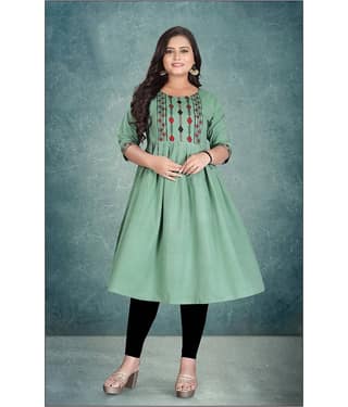 Hetsa Women Cotton Embroidered Anarkali Kurti ( Green )