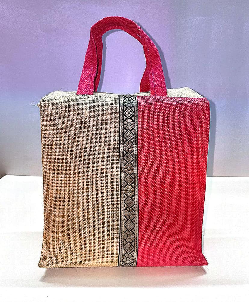 Jute Lunch Bag with Red Trim view 2