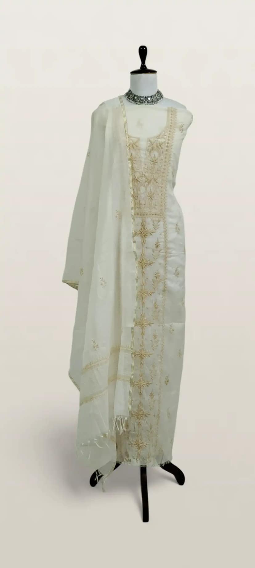 Chikankari Mul Chanderi Dress Material Ivory Gold Yoke Jaal