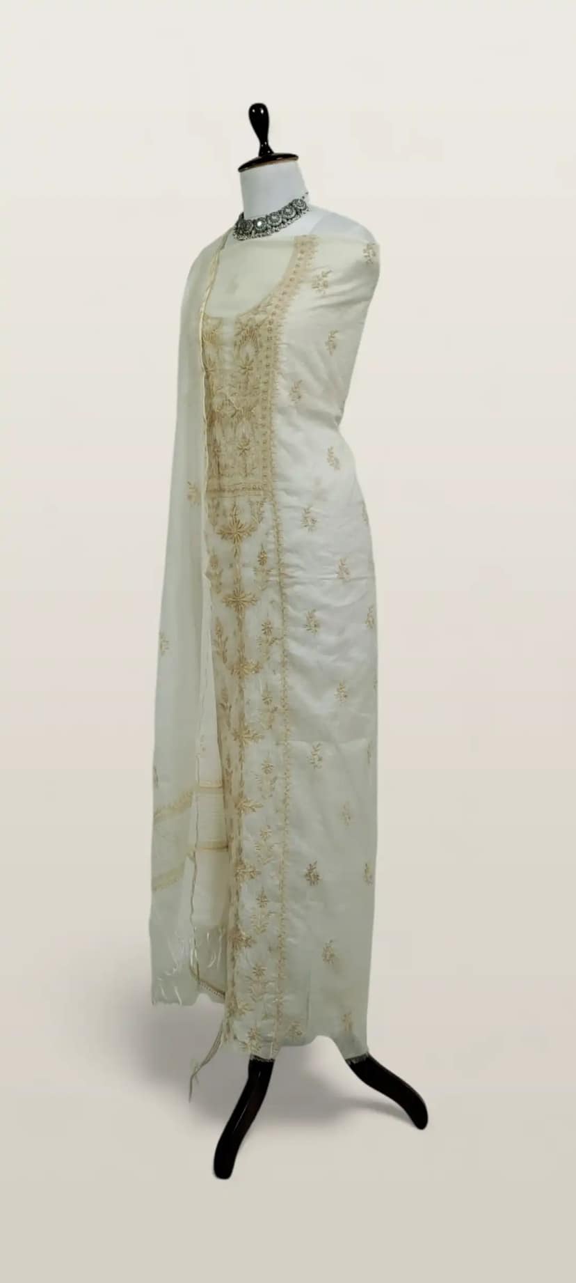 Chikankari Mul Chanderi Dress Material Ivory Gold Yoke Jaal view 2