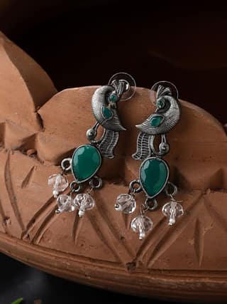 Cardinal Brass Green Stone Peacock Design Earrings Set