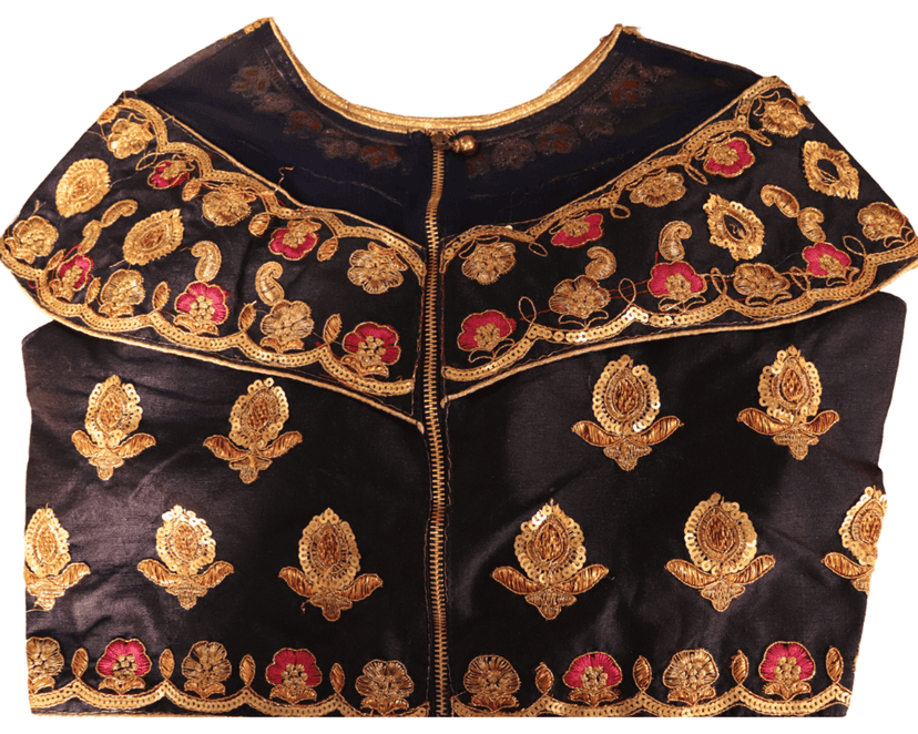 Embroidered Boat Neck Blouse in Black Silk view 2