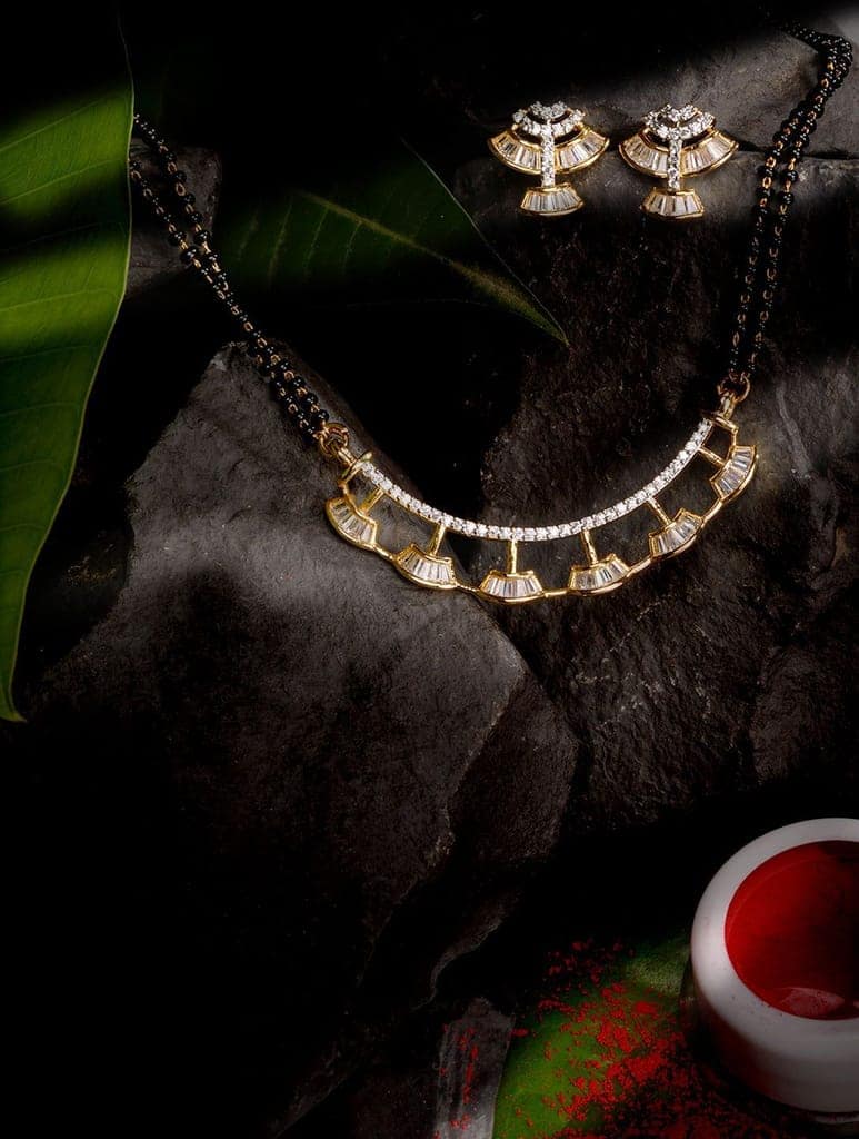 Gold Plated Black Beads AD Studded Mangalsutra Pendant Earrings Set view 2