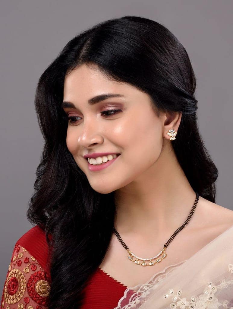 Gold Plated Black Beads AD Studded Mangalsutra Pendant Earrings Set view 3