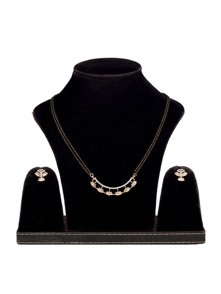Gold Plated Black Beads AD Studded Mangalsutra Pendant Earrings Set view 8