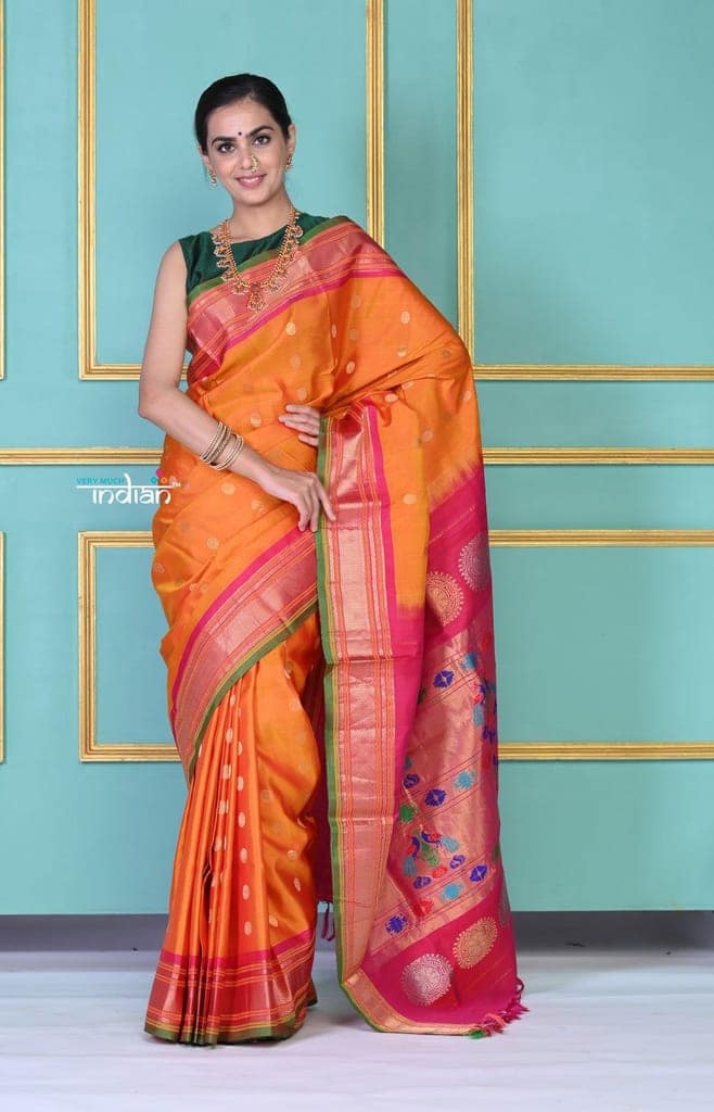 ROYAL WEAVE! Authentic Pure Silk Handloom Turmeric Yellow Maharani Paithani with exclusive Pink Peacock Pallu.