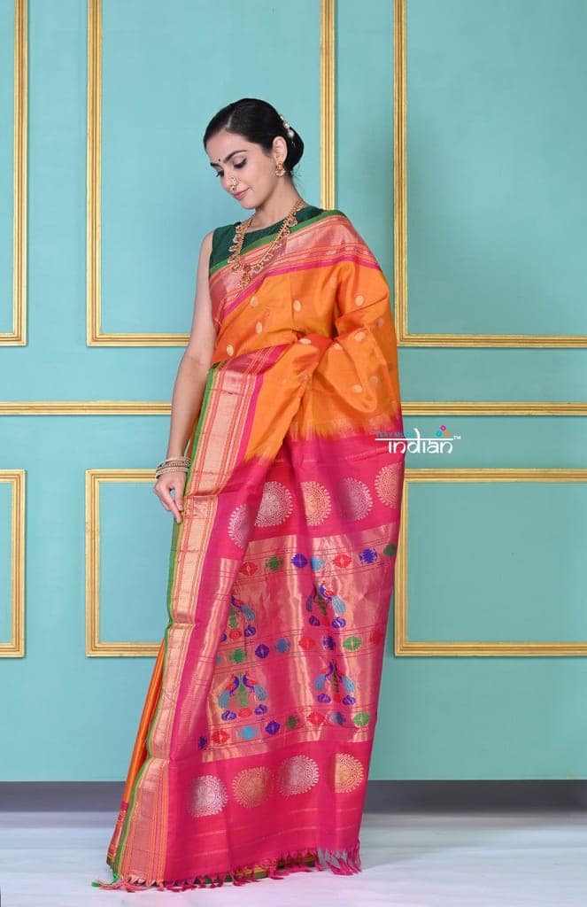 ROYAL WEAVE! Authentic Pure Silk Handloom Turmeric Yellow Maharani Paithani with exclusive Pink Peacock Pallu. view 3