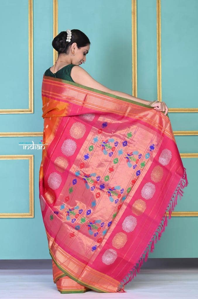 ROYAL WEAVE! Authentic Pure Silk Handloom Turmeric Yellow Maharani Paithani with exclusive Pink Peacock Pallu. view 5
