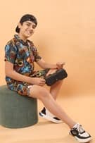 Ninos Dreams Boys Cotton Linen Rayon Halfsleeves Coord Set with Shirt & Shorts Vodoo Print- Brown