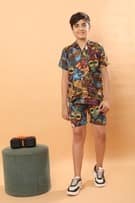 Ninos Dreams Boys Cotton Linen Rayon Halfsleeves Coord Set with Shirt & Shorts Vodoo Print- Brown view 2