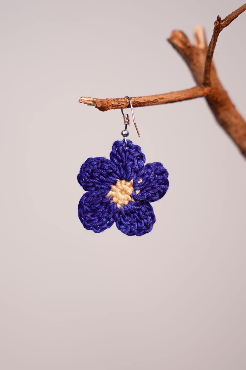 Pair of Handmade Hand-Woven Blue Flower Earring view 2