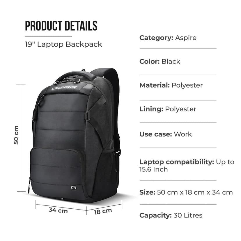 Aspire 19”/30L Large Water Resistant Laptop Backpack | Casual Backpack | Daypack | Travel Backpack | College Bag For Men/Women (Black) view 3