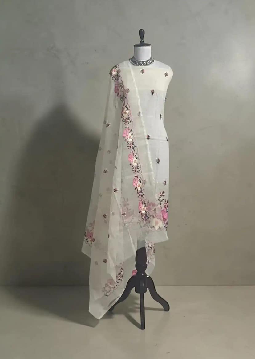 Handwoven Kota Doria Cotton Dress Material with Hand-embroidered Dupatta