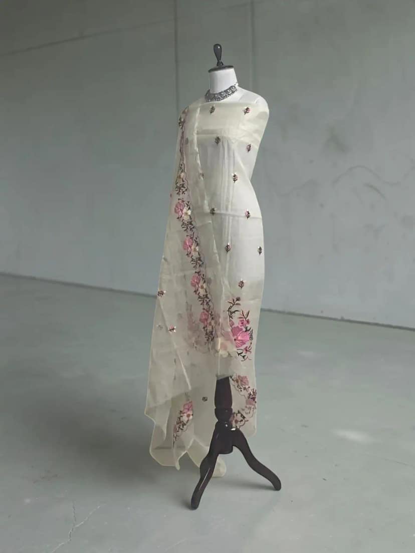 Handwoven Kota Doria Cotton Dress Material with Hand-embroidered Dupatta view 2
