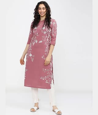 Vishudh Women Cotton Printed Straight Kurti ( Pink )