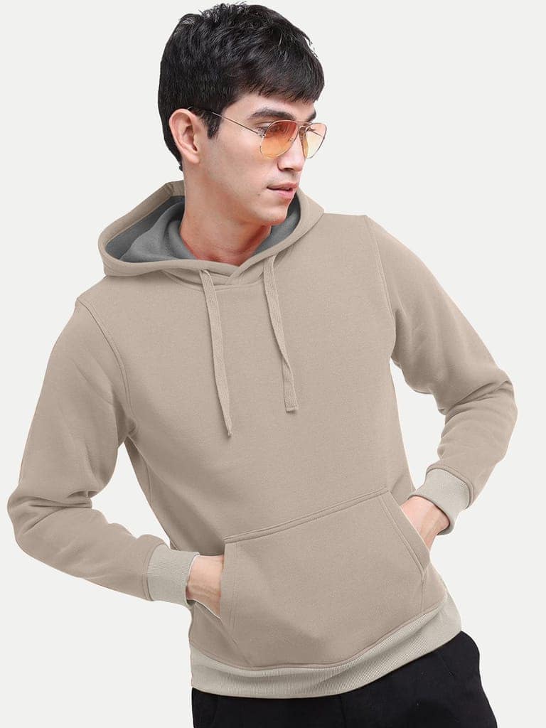 Men Solid Beige Hoodie with Pockets