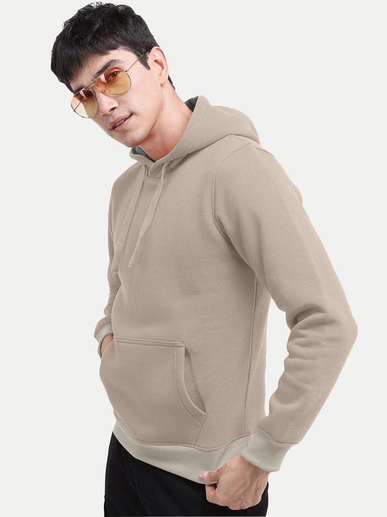 Men Solid Beige Hoodie with Pockets view 2