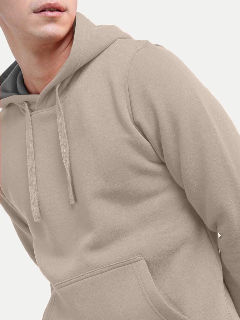 Men Solid Beige Hoodie with Pockets view 3
