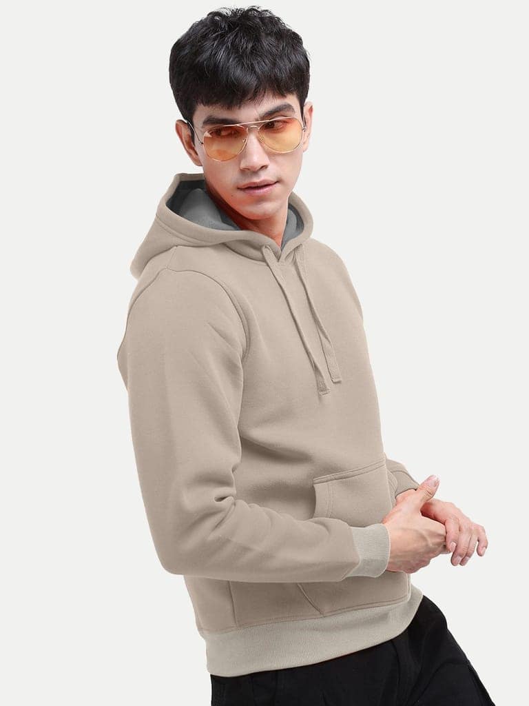 Men Solid Beige Hoodie with Pockets view 4